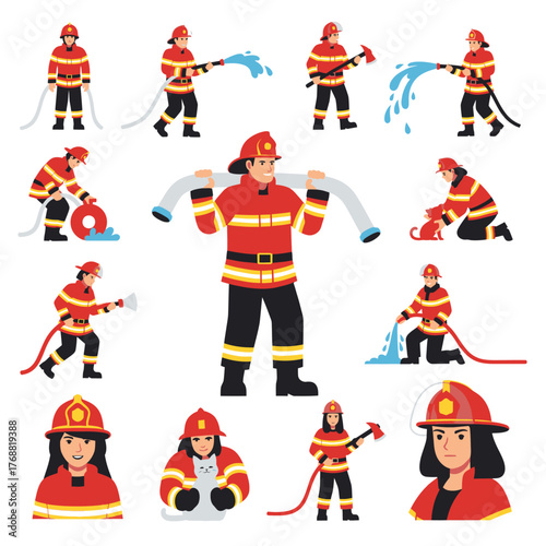 A collection of diverse firefighters in action, featuring various poses, tools, and rescue scenarios