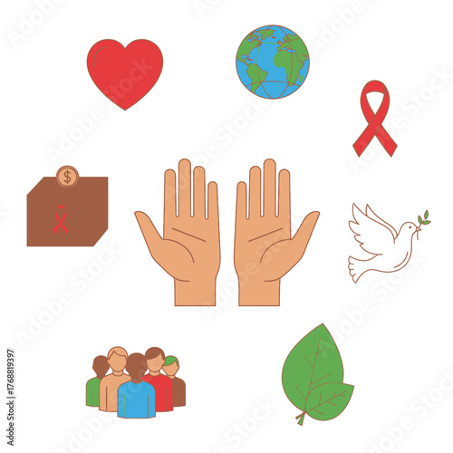 A collection of symbolic graphics representing concepts of giving, caring, and awareness
