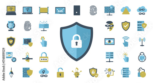 Collection of vector security icons using various colors for various devices and systems