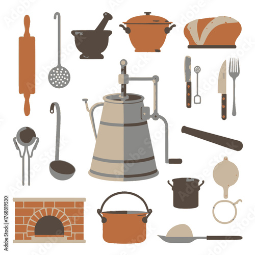 A collection of stylized kitchen tools and cooking implements arranged on a white background