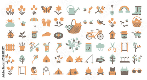 Collection of nature-themed, flat, illustrated icons including flowers, weather, tools, and outdoor objects