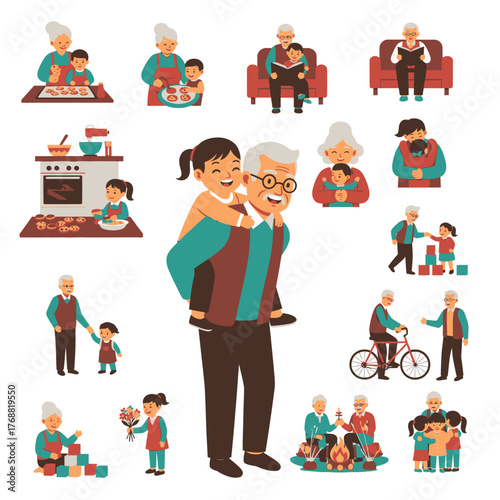 Charming illustration depicts grandparents enjoying various activities with grandchildren, at home
