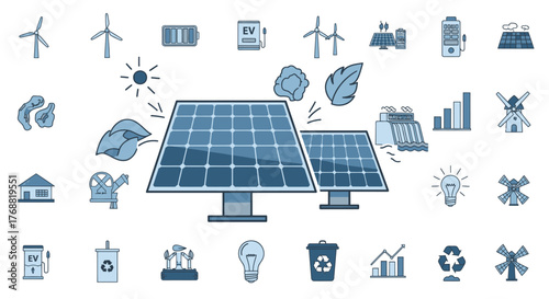 A collection of blue, illustrated icons. They represent solar power, wind, and sustainable resources