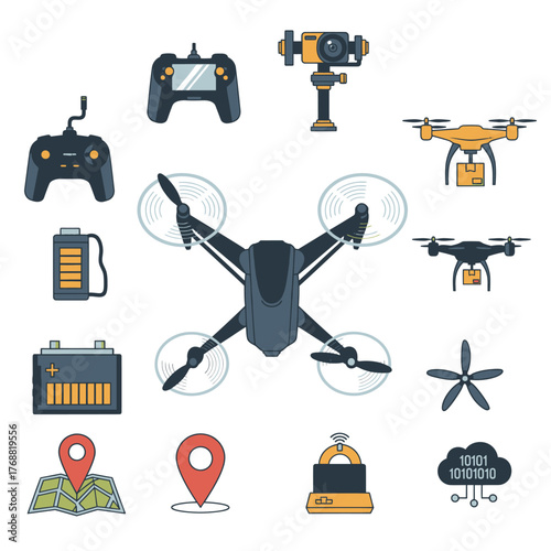 Collection of drone and associated tech icons, featuring controller, camera, battery, and location symbols