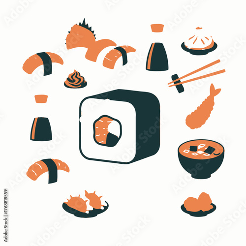 A collection of stylized Japanese food illustrations, including sushi rolls, tempura, and miso soup
