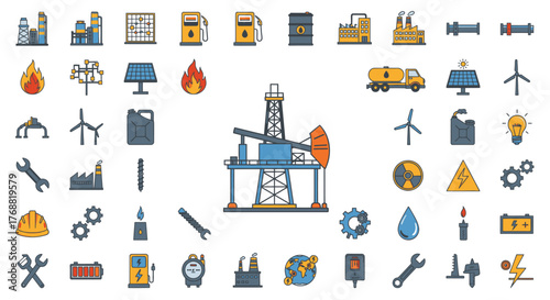 Colorful vector icons depicting energy, industry, and construction elements