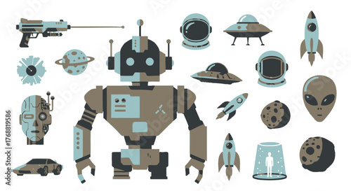 A stylized illustration with space-themed elements, including a robot, ships, aliens and rockets