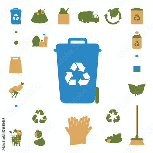 Collection of stylized icons about recycling and waste management. Includes a bin, truck, and gloves