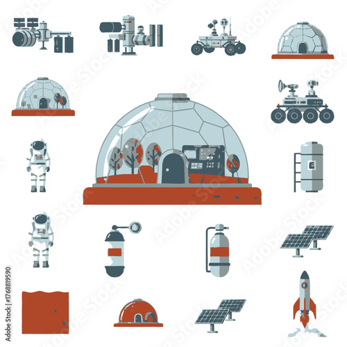 Pixelated illustration of various elements representing space exploration and colony