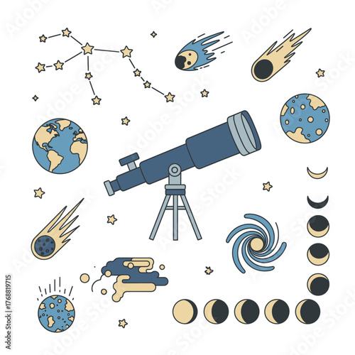 A cartoon illustration of astronomical objects, including a telescope, comets, phases, and stars