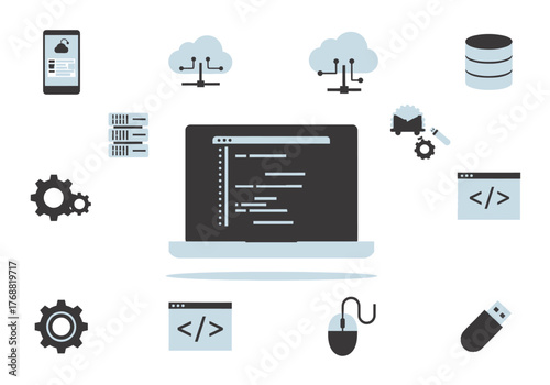 Stylized illustration showing mobile app, cloud, server, coding, database, gears, mouse, USB, and code elements