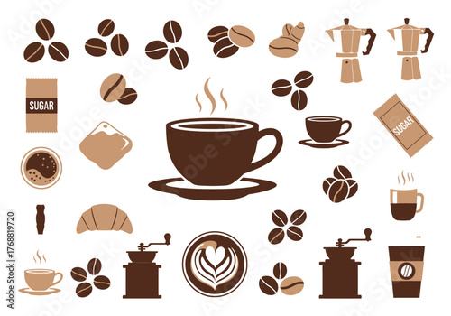 A collection of coffee-related illustrations, featuring beans, cups, and brewing equipment