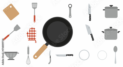 A collection of various kitchen utensils and cookware shown on a white background