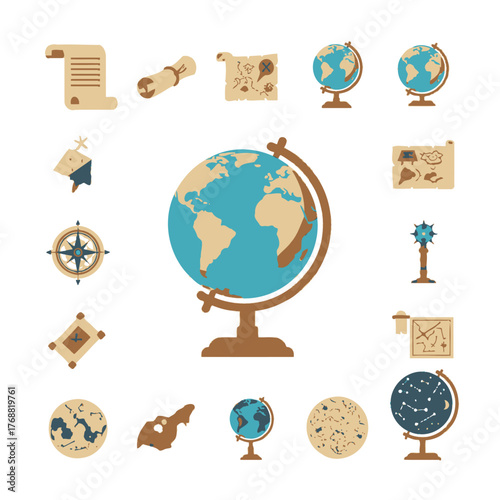 Collection of various cartography-themed icons, depicting globes, maps, and navigational tools
