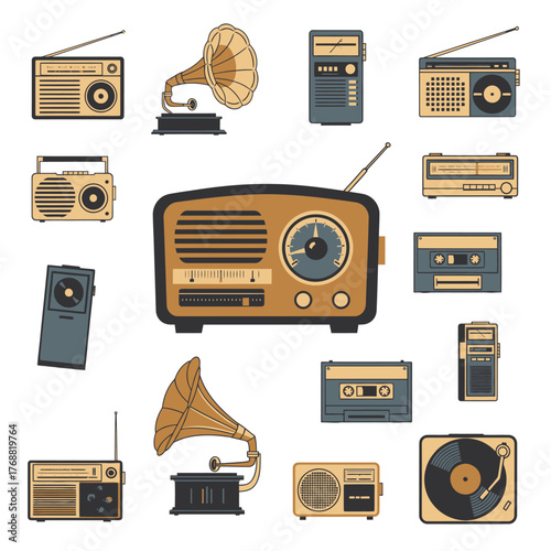 Collection of vintage audio devices including radios, phonographs, cassette players, and a record player
