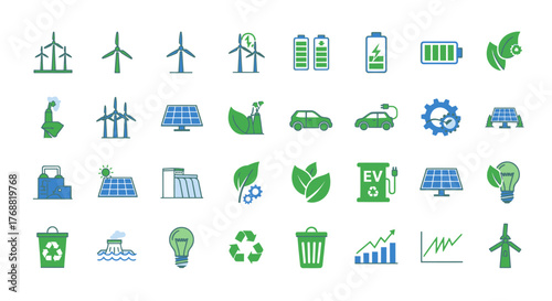Collection of stylized icons representing renewable energy sources, environmental protection, and sustainability