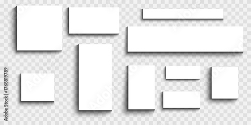 Set of square and rectangular posters, banners, web sidebars or cards shadow effects. White paper mockups with soft blurry shades isolated on transparent background. Vector realistic illustration.