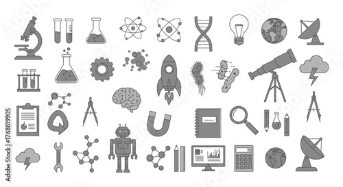 A collection of grayscale science and technology icons, including lab equipment, a rocket, and more