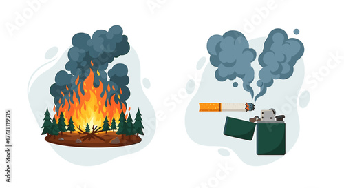 Prevent forest fires and smoking with educational illustrations showing the dangers of unattended flames and cigarettes, promoting responsible behavior
