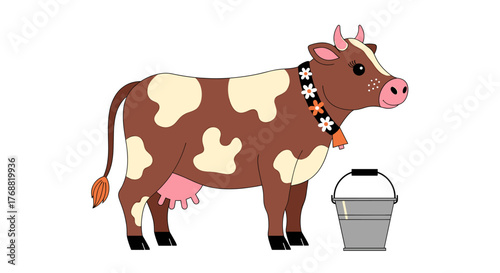 Adorable cartoon cow with flower collar and milk bucket, perfect for children's books and farm-themed educational materials, adding a touch of whimsy and charm