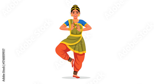 Graceful Indian dancer performing traditional Bharatnatyam pose with elegant hand gestures and vibrant attire, perfect for cultural celebrations