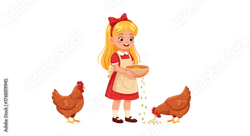 Adorable cartoon girl feeding chickens in idyllic farm setting, perfect for children's books and educational resources about agriculture and nature