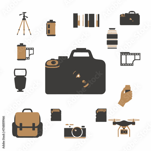 Illustration of photography equipment, including cameras, lenses, film rolls, and accessories, isolated