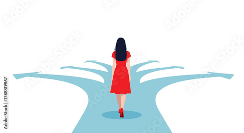 Woman facing crossroads of opportunity in life, symbolizing choices and decisions for a bright future, perfect for career, lifestyle, and personal growth ads
