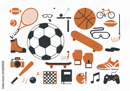 Assortment of icons depicting various sports, recreation, and hobbies with a flat, graphic style