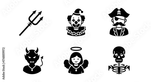 Halloween icons showcasing spooky fun with a devil, angel, skeleton, pirate, clown, and trident, perfect for seasonal designs and creative projects