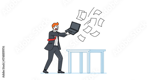 Frustrated professional throwing laptop with flying documents, symbolizing stress, burnout, and career challenges in the fast-paced modern workplace