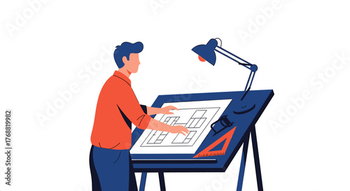 Dedicated architect meticulously crafting blueprints under bright lamp light, envisioning modern home designs, planning urban spaces for comfortable living