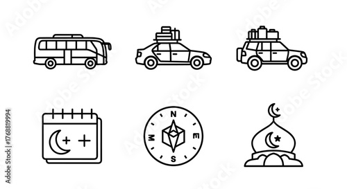 Plan your next travel adventure using this icon set featuring different travel options and Islamic elements, ideal for travel blogs and promotional materials