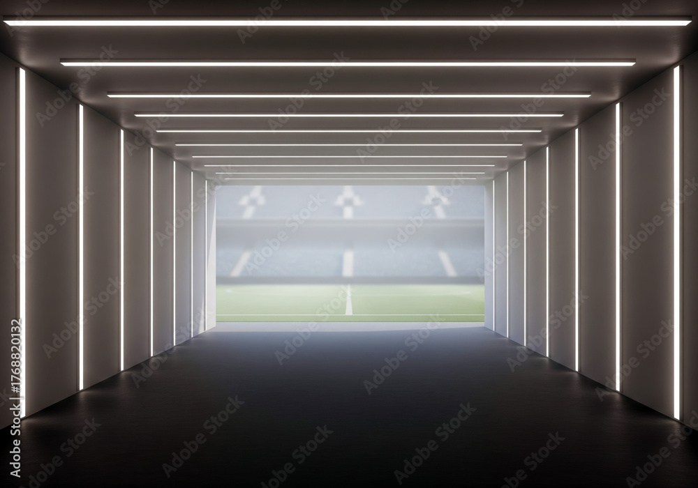 Fototapeta premium Modern stadium tunnel interior with linear white lighting leading to bright green field minimal perspective ideal for sports event mockup or design background