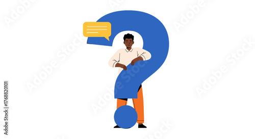 Curious man leaning on giant question mark with chat bubble, seeking answers and information