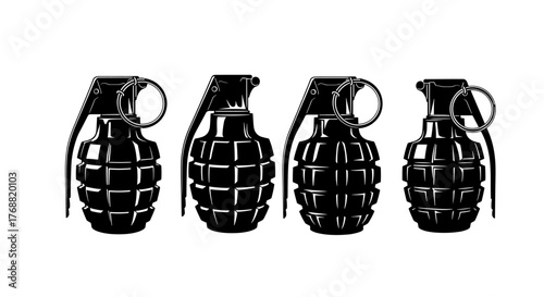 Striking black and white icons of four classic hand grenades arranged in a row, symbolizing power and conflict.