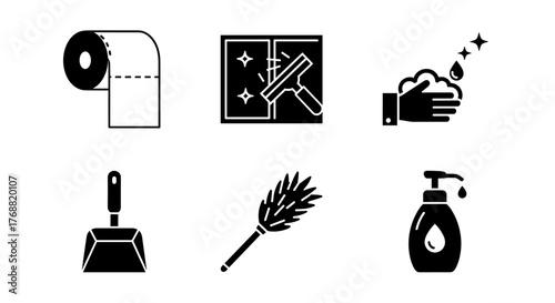 Essential household cleaning icons including toilet paper, window squeegee, hand washing, dustpan, feather duster, and soap dispenser for hygiene and tidiness