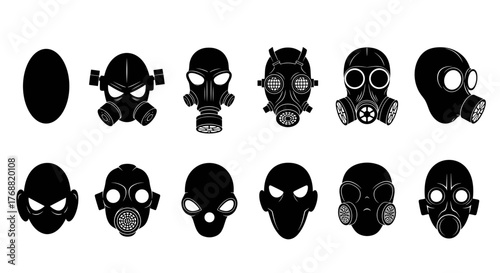 Collection of menacing black gas mask icons and stylized faces for protective gear and dystopian themes
