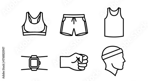 Dynamic fitness icons showcase active lifestyle gear like sports bra shorts tank top smartwatch fist headband for health and wellness branding