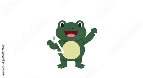 Joyful cartoon frog enthusiastically plays triangle and conductor baton, celebrating music and performance with a vibrant, playful spirit.