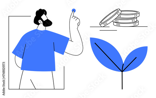 Man holding coin, growing plant, stack of coins. Ideal for finance, growth, investment, wealth management, startups sustainability savings. Simple flat metaphor