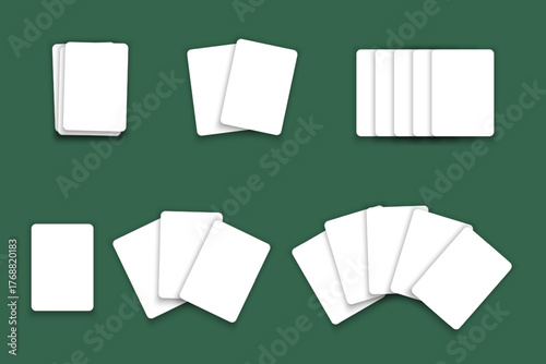 Set of blank white playing card mockups isolated on green felt poker table background. Playcard templates in different arrangements. Casino game concept. Vector realistic illustration.