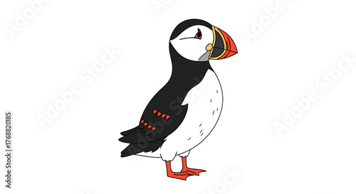 Charming cartoon puffin with vibrant beak and distinctive markings stands alert against a clean white background, perfect for playful designs.