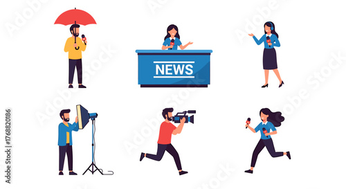 Dynamic news team captures breaking stories with cameras, microphones, and professional studio lighting for immediate broadcast.