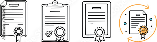 Partnership contract document icon with signature and seal line art showing official business agreement concept