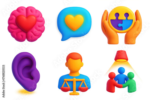 Emotional Intelligence Icons. 3D icon set of emotional intelligence visuals: heart inside brain, speech bubble with empathy glow,