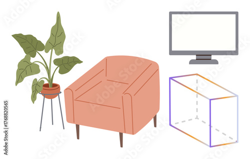 Armchair with pink upholstery, potted plant on stand, modern flat-screen TV, transparent geometric cube. Ideal for cozy decor, relaxation, interior design, minimalism, furniture placement modern