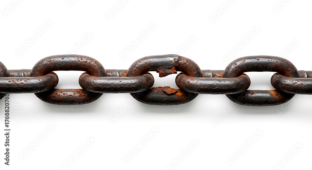 Fototapeta premium Close-up view of a rusty metal chain against a white background.