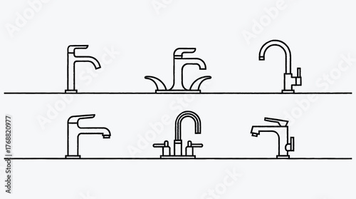 Variety of minimalist faucet designs in black line art format