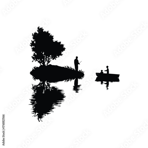 Black and white silhouette illustration design of a father and son fishing on a small boat in retro street style
